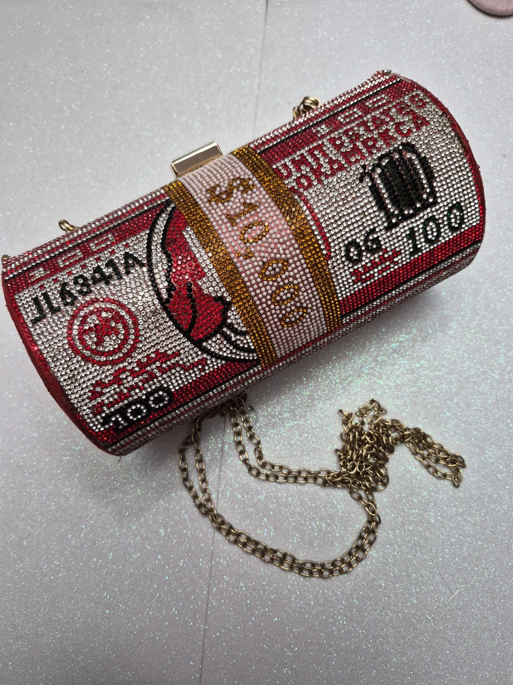 10,000 Dollar Crystal-Embellished Red Novelty Money Roll Clutch Purse